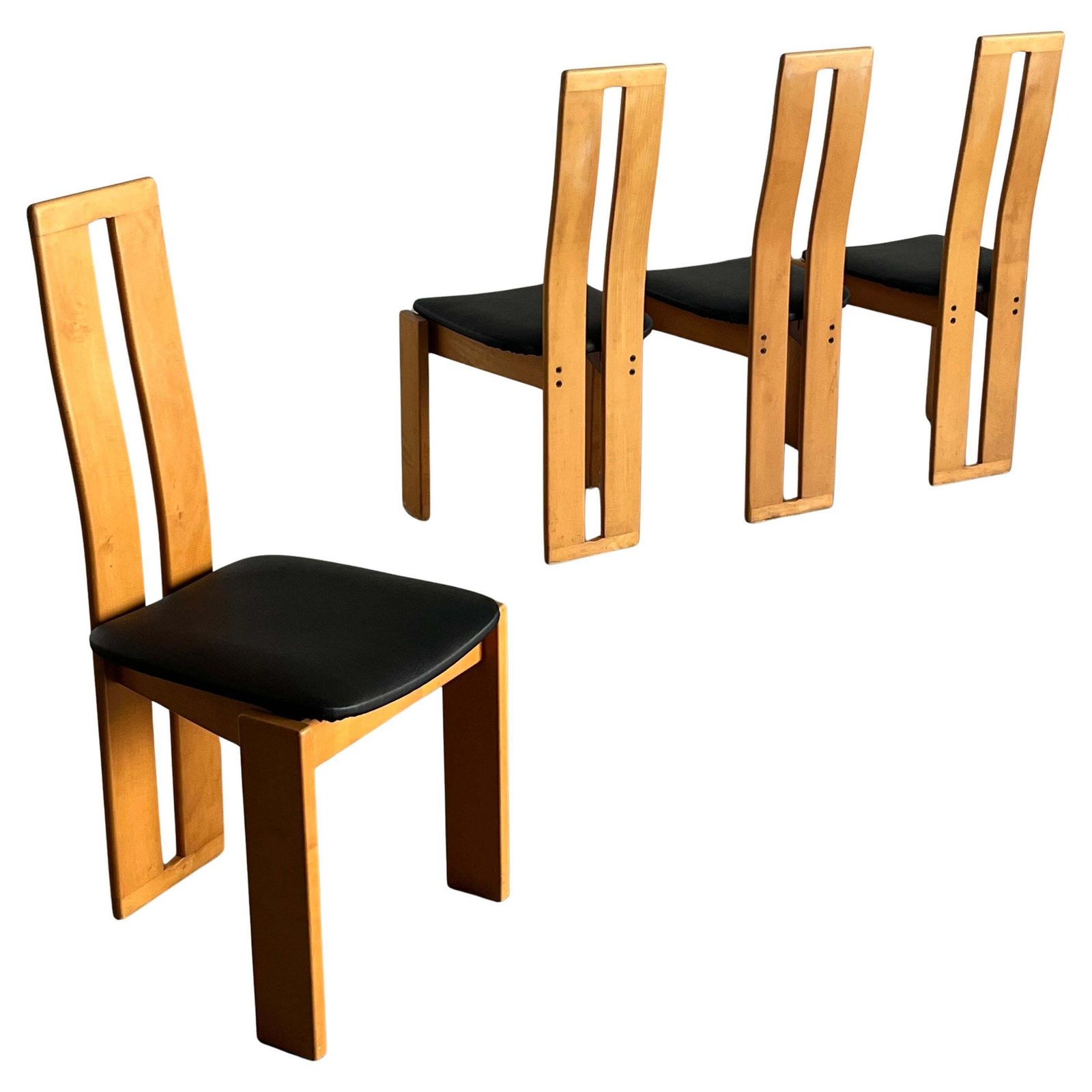 Set Of Four High Back Dining Chairs In Beechwood And Black Faux Leather, 1970s