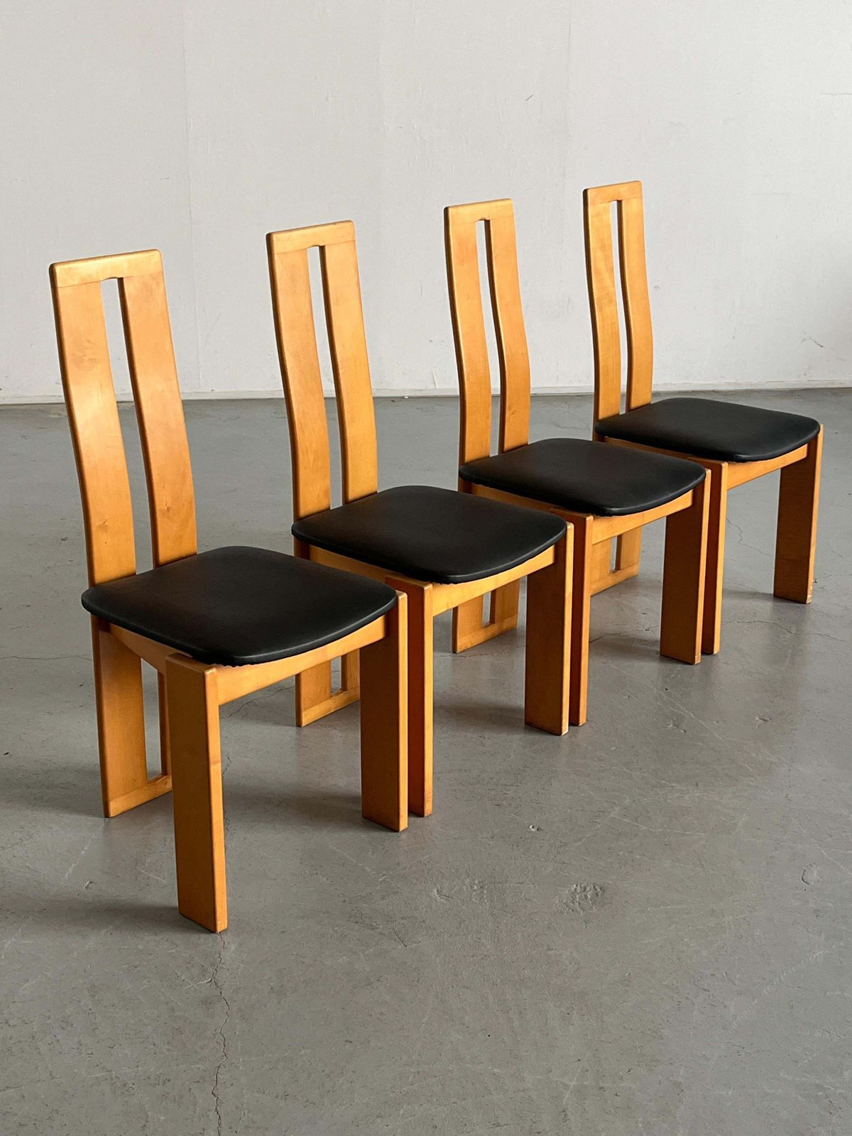 Set Of Four High Back Dining Chairs In Beechwood And Black Faux Leather, 1970s photo Furniture