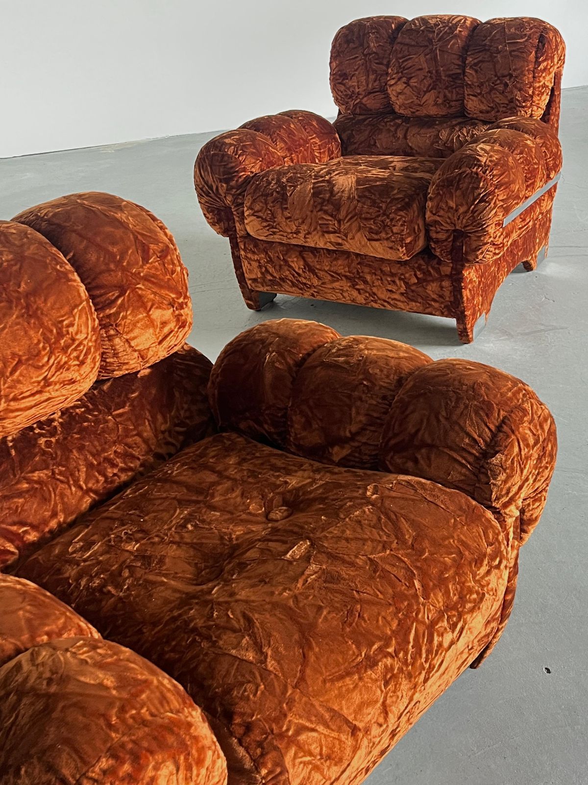 Pair Of Vintage Italian Armchairs In Dark Orange Velvet Upholstery & Steel, 70s photo Furniture