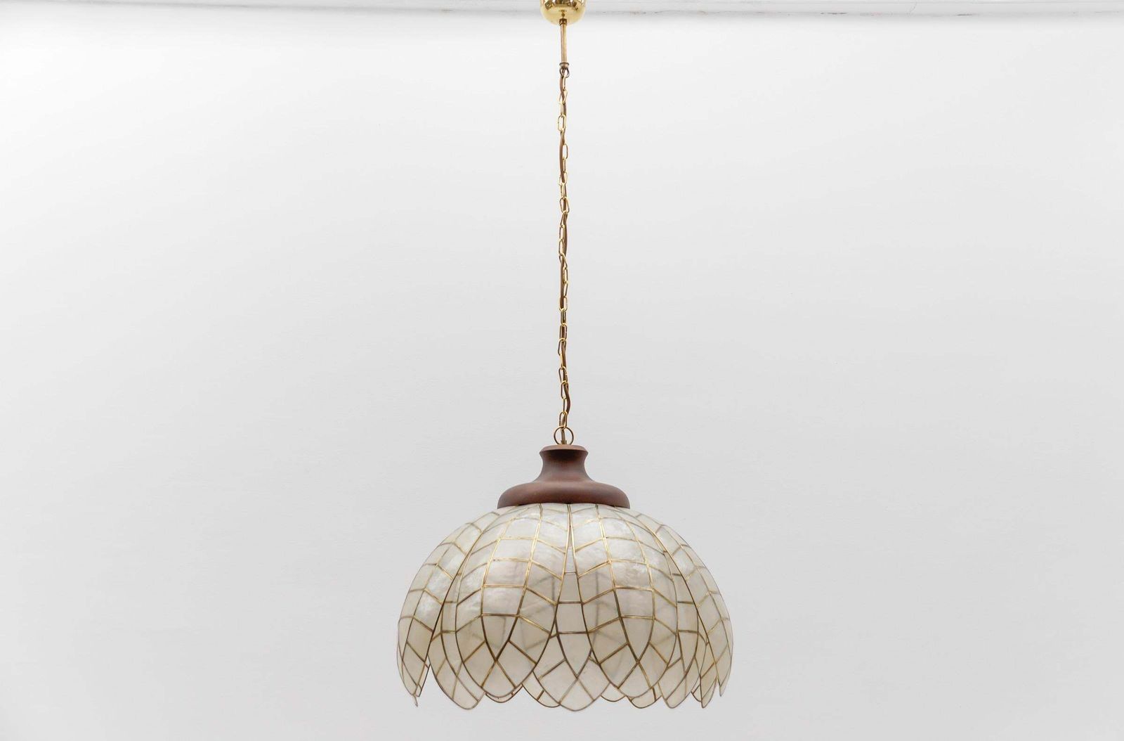 Lovely Large Mother Of Pearl Leaf Ceiling Bell Lamp, Italy 1960s photo furniture