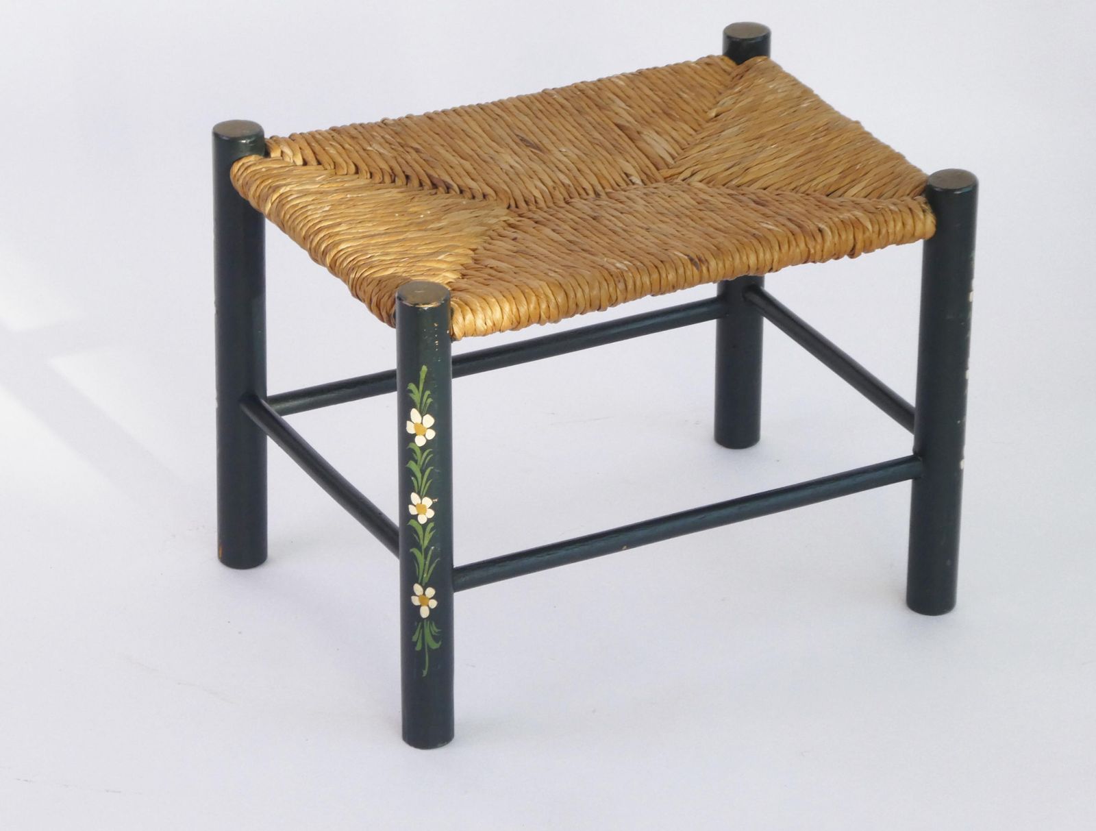 Small Vintage Rectangular Green Wooden Wicker Stool, Hand Painted Dutch Folk Art Plant Stand, Floral Bench photo furniture