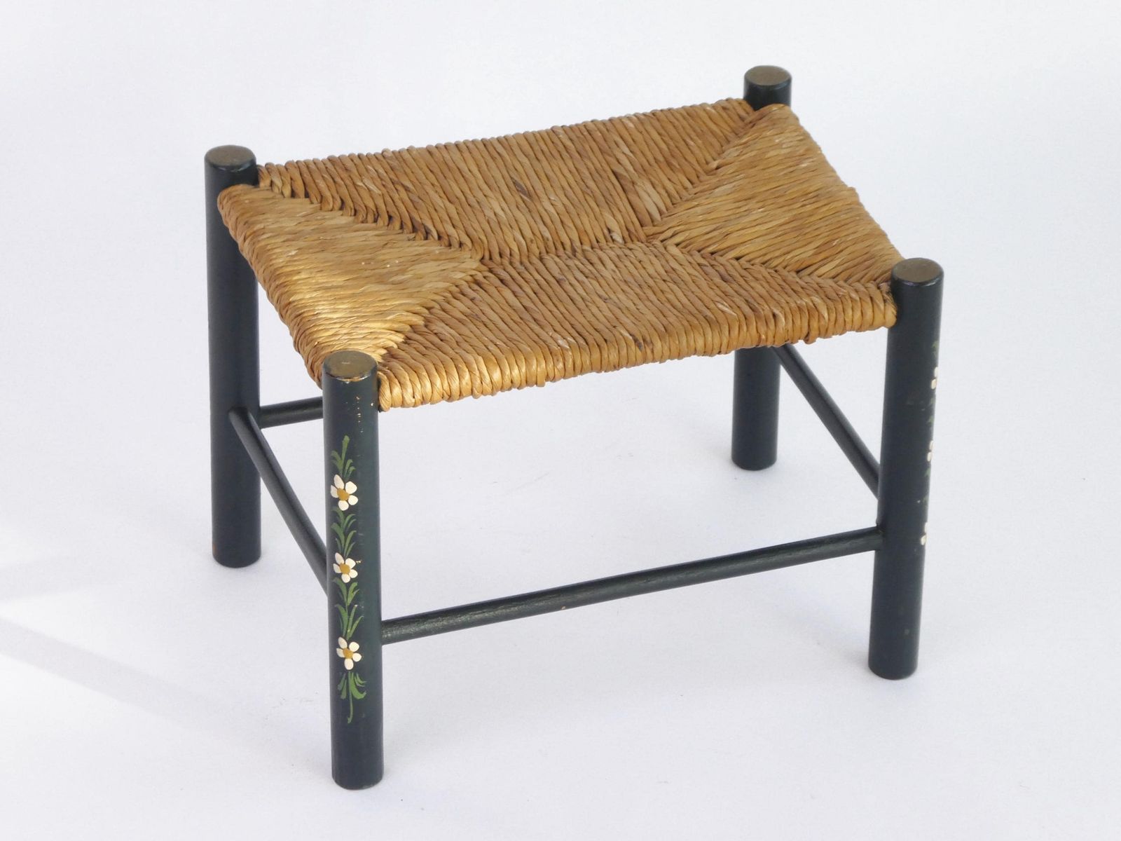 Small Vintage Rectangular Green Wooden Wicker Stool, Hand Painted Dutch Folk Art Plant Stand, Floral Bench photo for sale