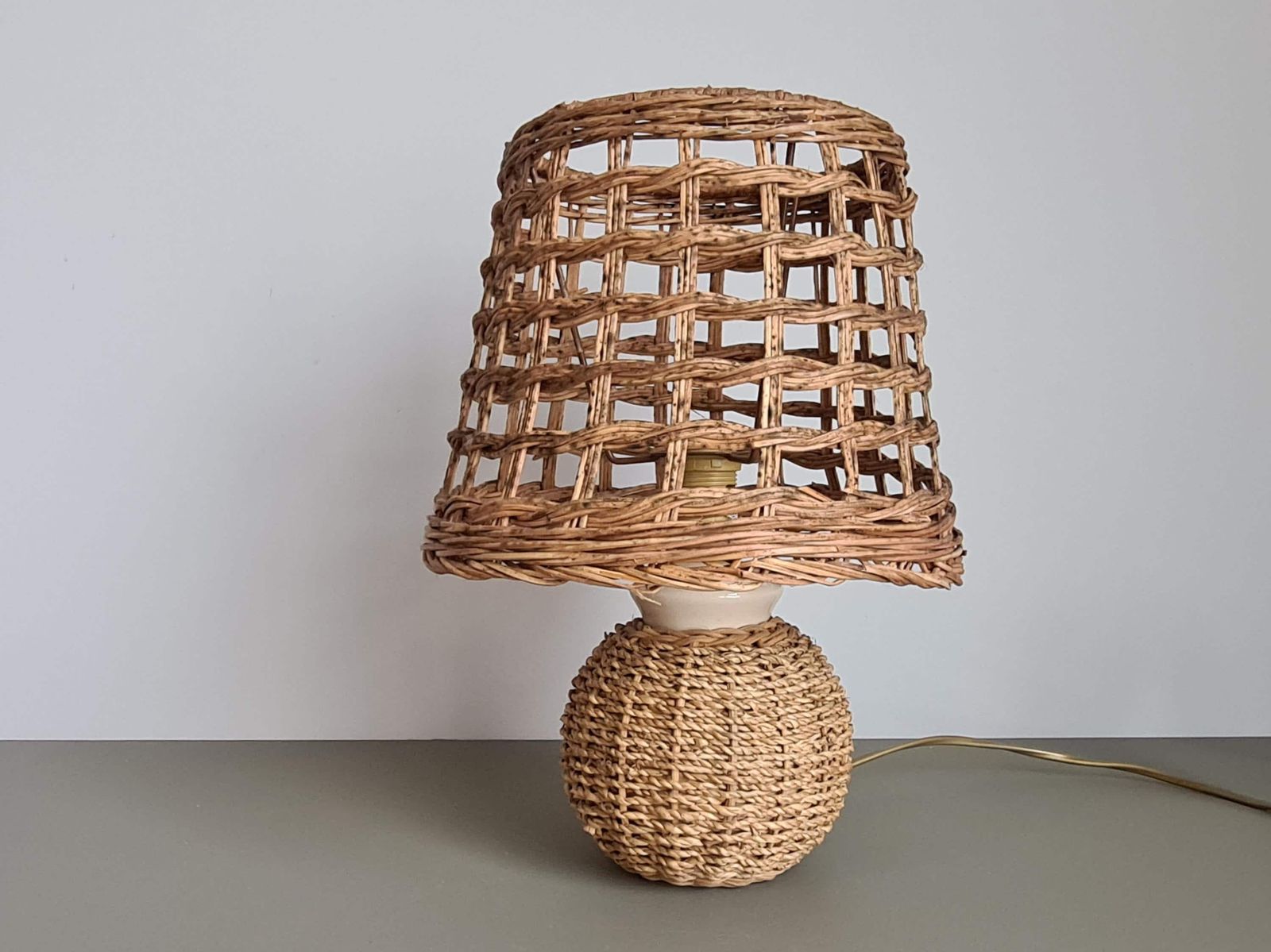 Vintage Wicker And Rattan Lamp – Natural Boho Lamp – Woven Lampshade – 1970s Wabi Sabi Decor – Mid Century