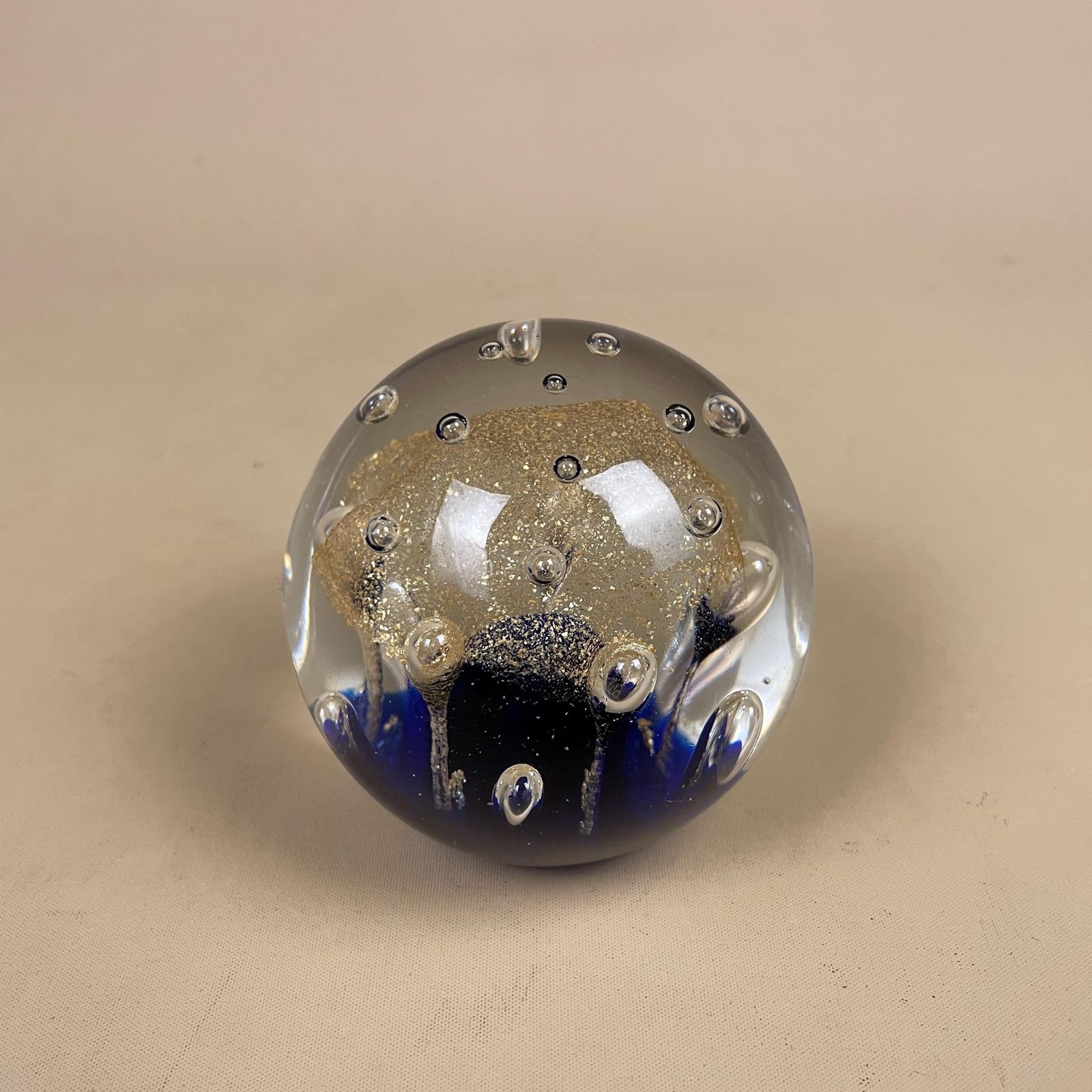 Art Glass Paperweight Blue Gold Bubble Hand Blown Mid Century Studio Glass Decorative Desk Object Display Round 8cm
