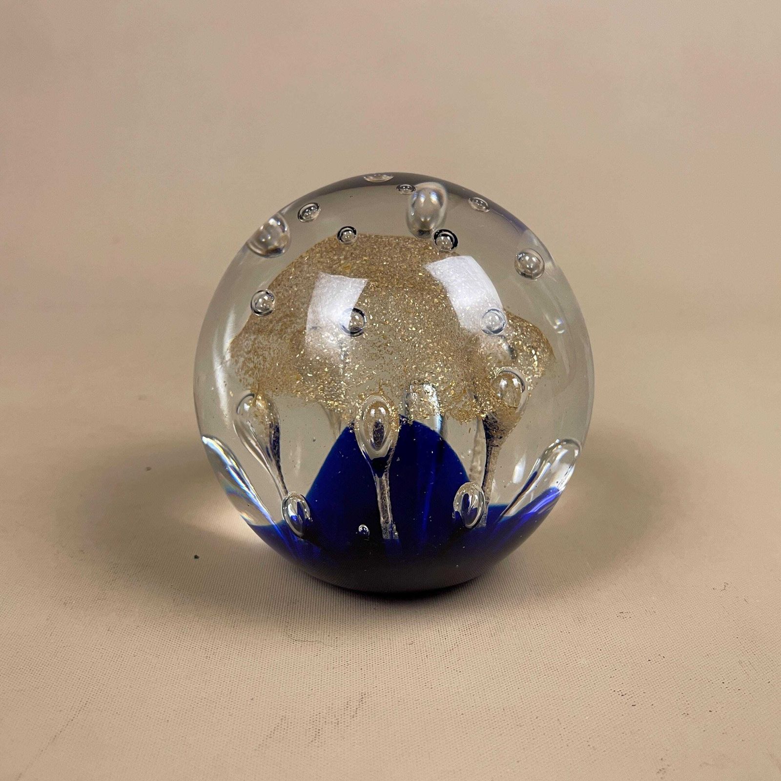 Art Glass Paperweight Blue Gold Bubble Hand Blown Mid Century Studio Glass Decorative Desk Object Display Round 8cm photo 61.0