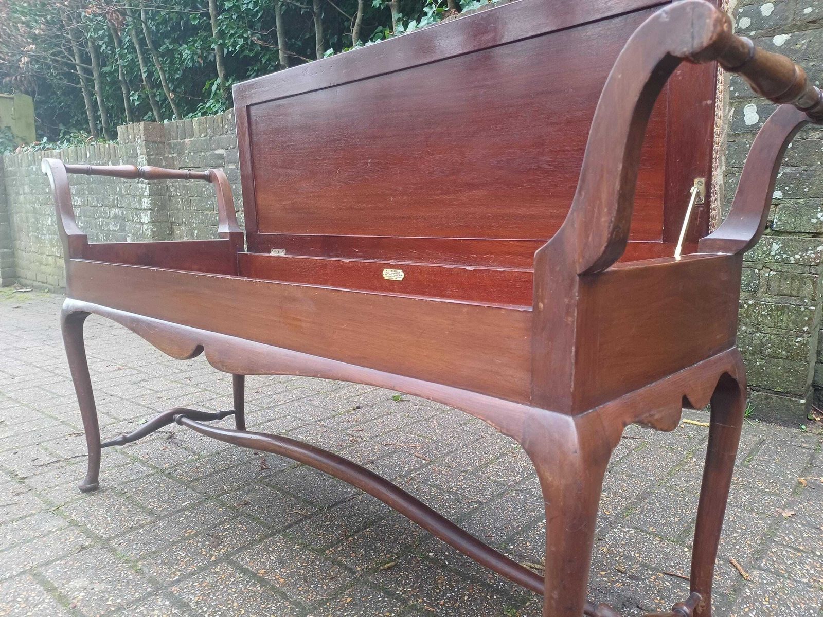 Antique Mahogany Piano Stool / Window Seat Bench With Storage Lid By W J Mansell London – Original Damask Upholstery photo Furniture