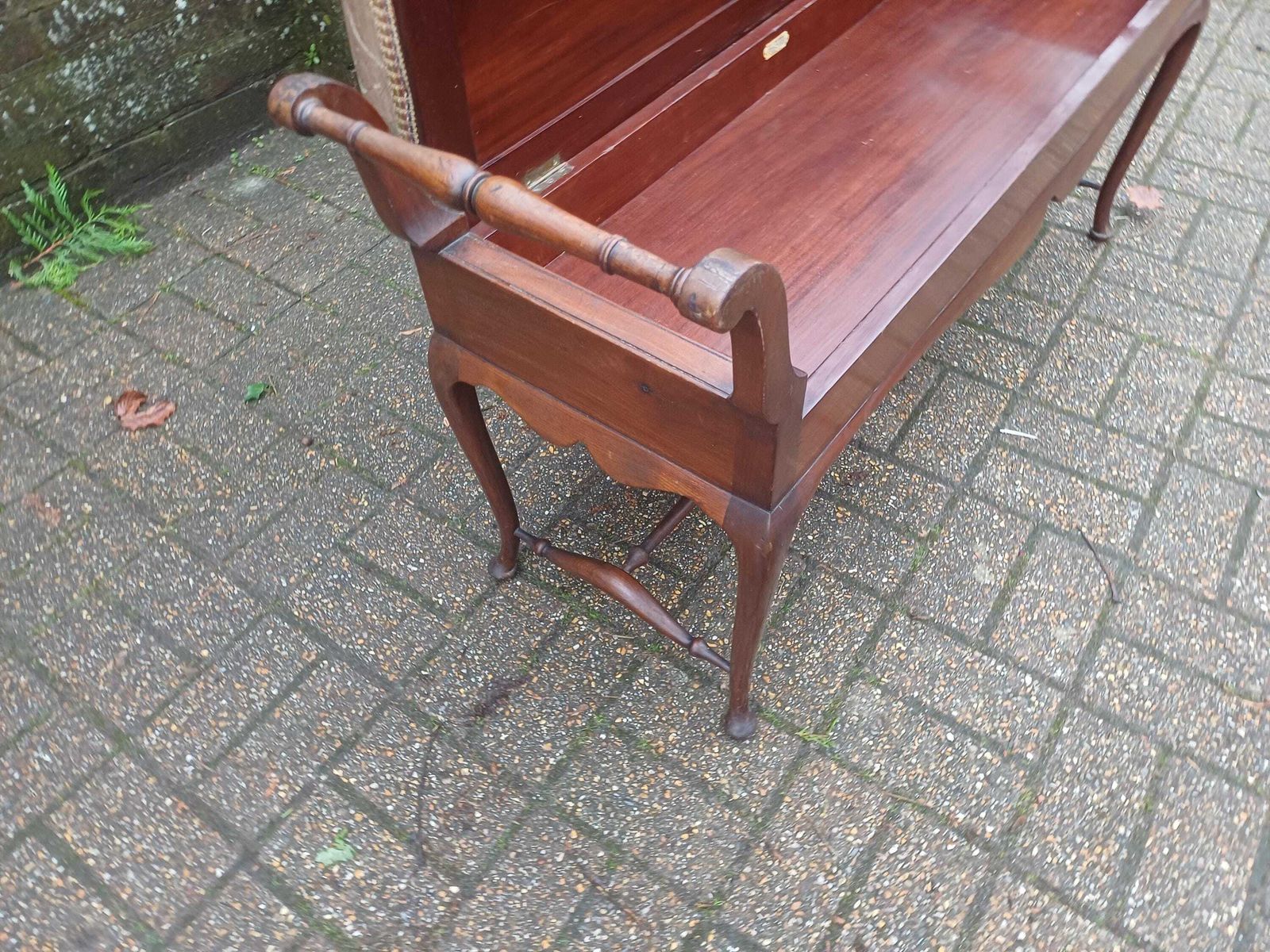 photo buy Antique Mahogany Piano Stool / Window Seat Bench With Storage Lid By W J Mansell London – Original Damask Upholstery