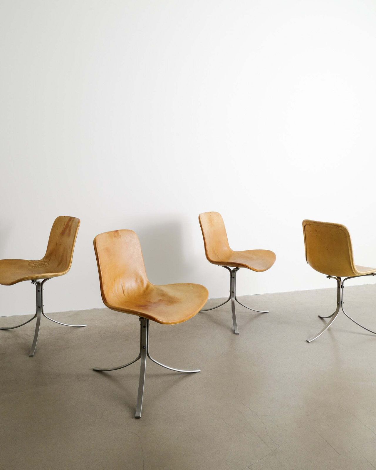 Set Of Four Poul Kjaerholm Pk9 Dining Chairs In Brown Leather By Fritz Hansen Denmark, 1995
