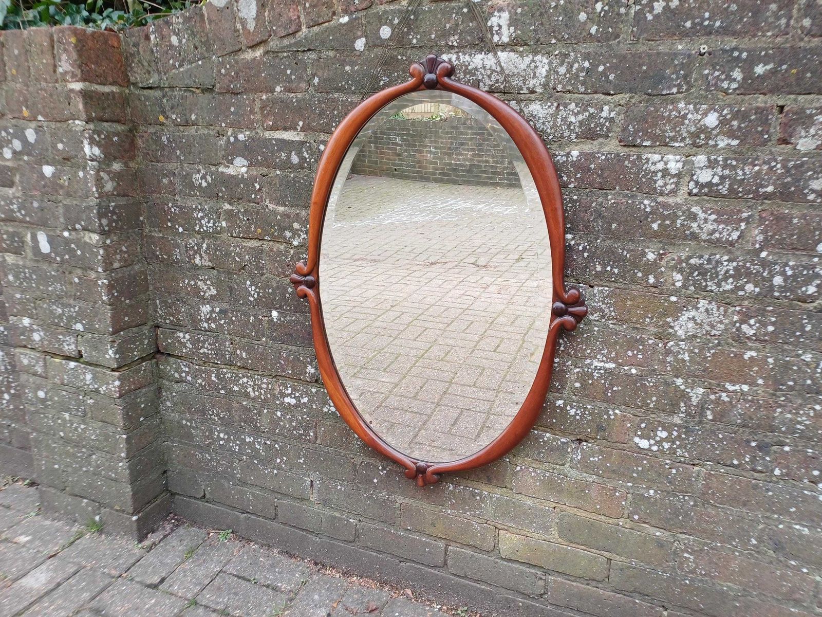 Large Unusual Late Victorian Mahogany Oval Wall Mirror Carved Frame, Wide Bevelled Glass, Elegant Antique Statement Piece