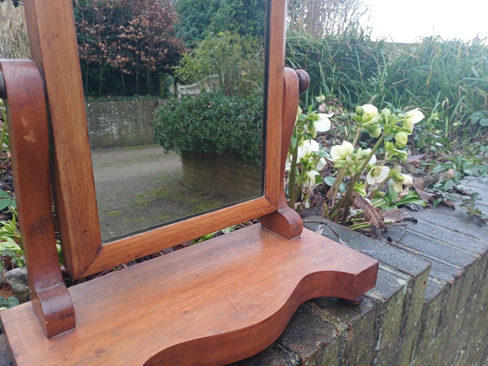 Late Victorian Dressing Table Mirror Antique Swing Shaving Mirror Polished Stripped Wood Tilt Adjustable Vanity Mirror Bun Feet photo for sale