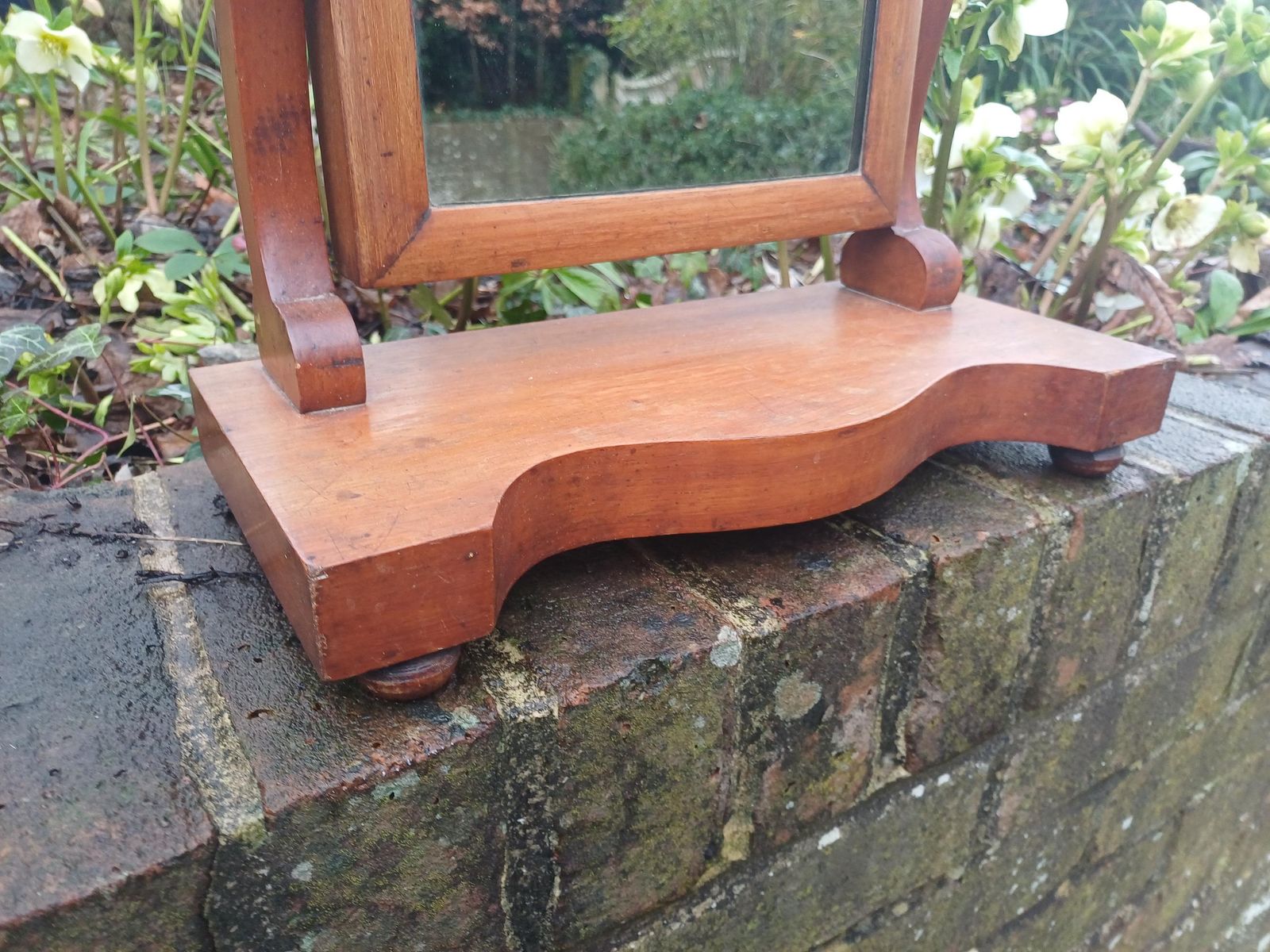 Late Victorian Dressing Table Mirror Antique Swing Shaving Mirror Polished Stripped Wood Tilt Adjustable Vanity Mirror Bun Feet photo vinterior