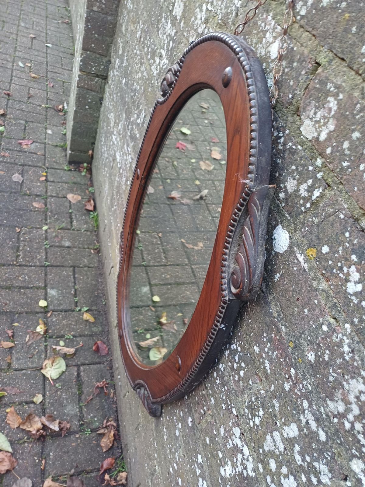 photo for sale Antique 1920s Oak Oval Mirror Hand Carved Quarter Panels, Original Bevelled Glass & Chain Arts And Crafts Edwardian Wall Mirror