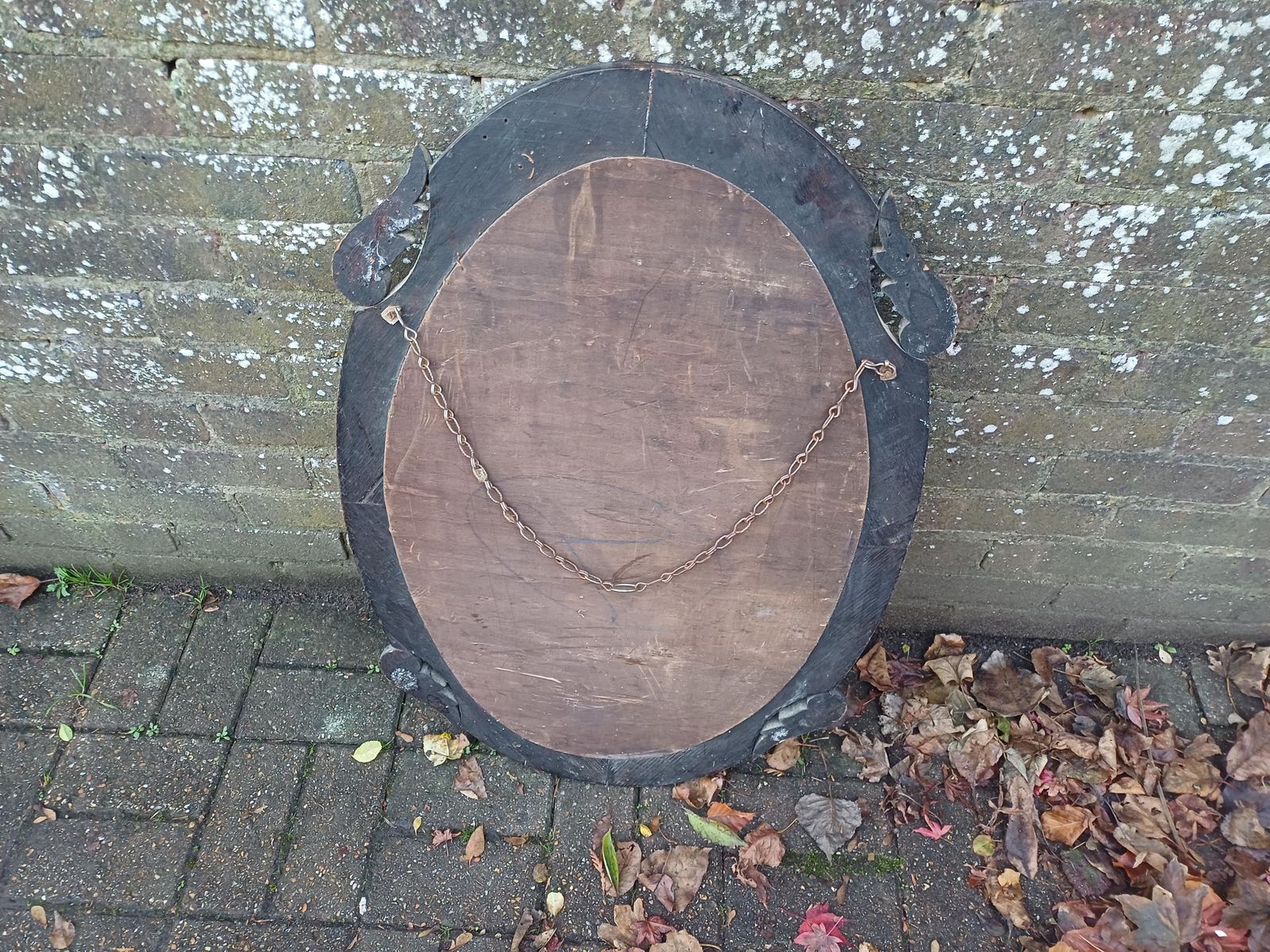 photo vinterior Antique 1920s Oak Oval Mirror Hand Carved Quarter Panels, Original Bevelled Glass & Chain Arts And Crafts Edwardian Wall Mirror