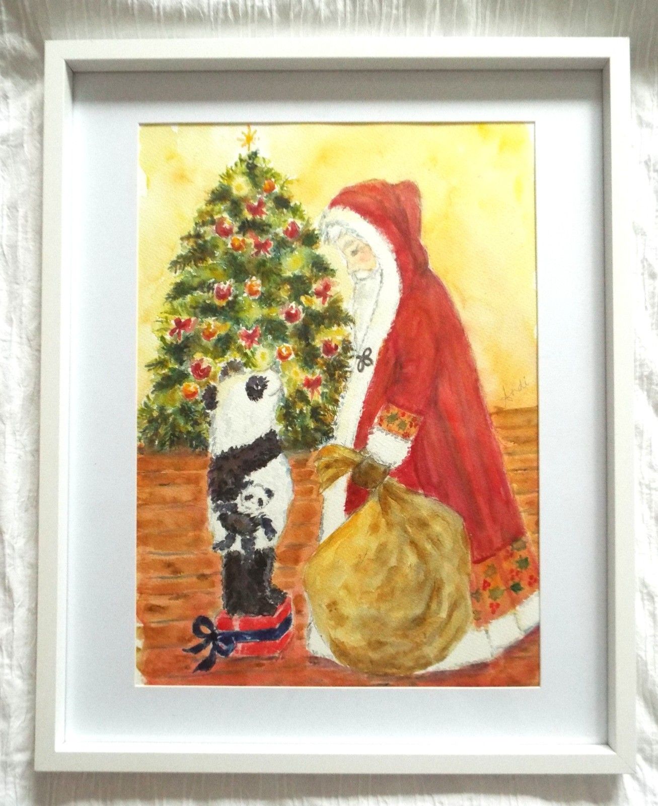Panda & Father Christmas Llustration Original Watercolour Painting Andi Lucas