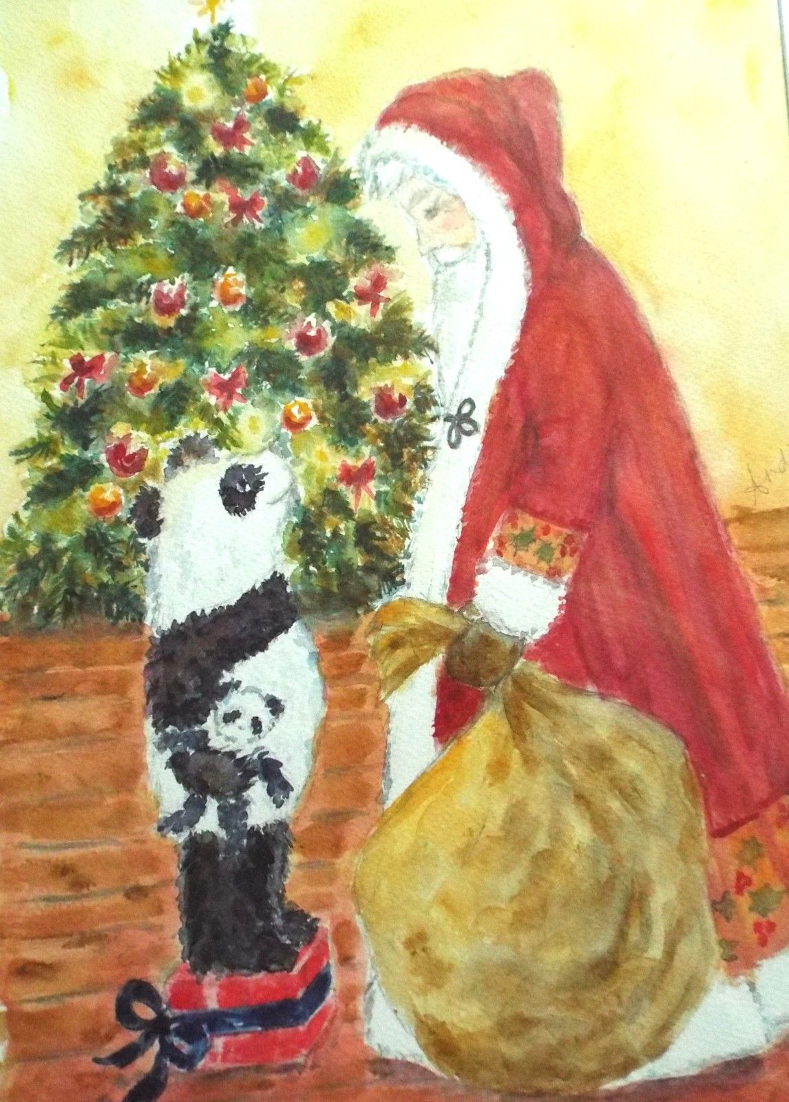 Panda & Father Christmas Llustration Original Watercolour Painting Andi Lucas photo furniture