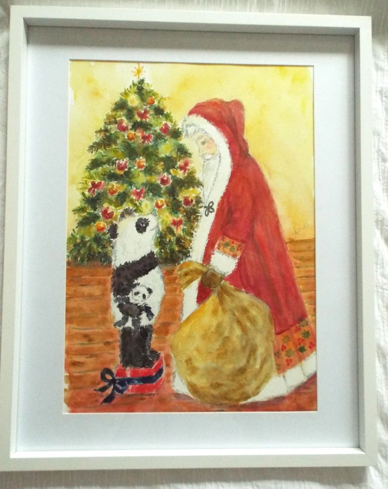 Panda & Father Christmas Llustration Original Watercolour Painting Andi Lucas photo vinterior