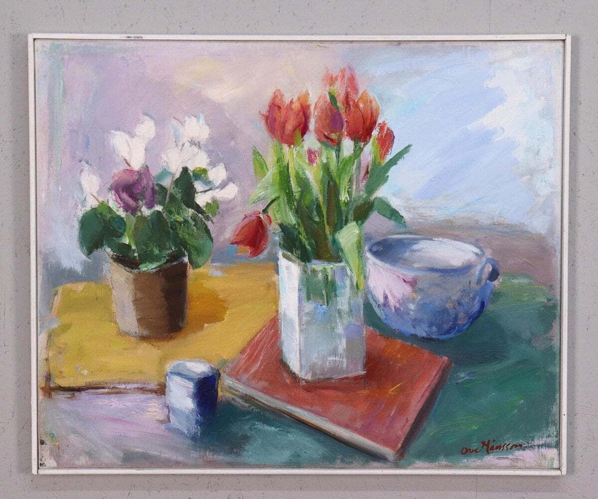 Original Mid Century Swedish Oil On Canvas – “Still Life With Tulips” By Ove Månsson – Vintage & Framed – 51 × 62 Cm (20.1" × 24.4") photo for sale