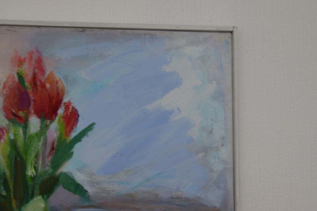 Original Mid Century Swedish Oil On Canvas – “Still Life With Tulips” By Ove Månsson – Vintage & Framed – 51 × 62 Cm (20.1" × 24.4") photo Art