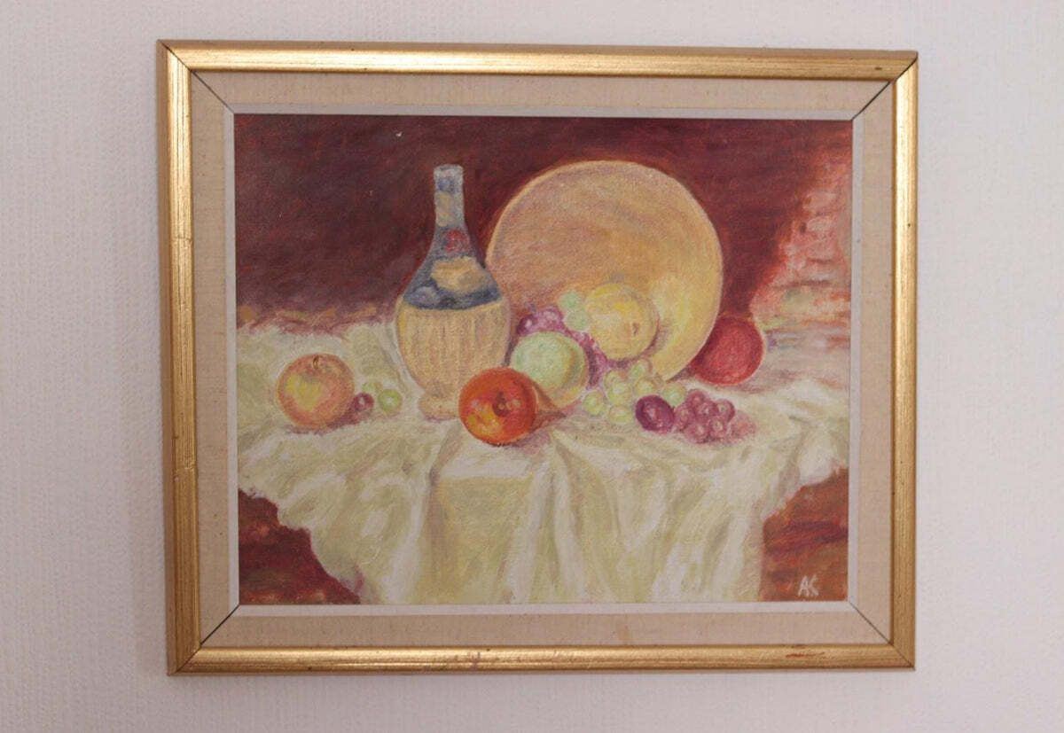 Original Swedish Oil On Canvas – “Still Life With Fruit And Bottle” By A.K. – Vintage & Framed – 40 × 48 Cm (15.7" × 18.9") photo furniture