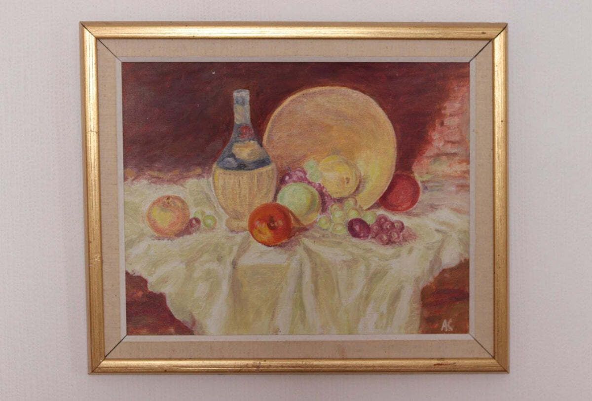 Original Swedish Oil On Canvas – “Still Life With Fruit And Bottle” By A.K. – Vintage & Framed – 40 × 48 Cm (15.7" × 18.9") photo Art