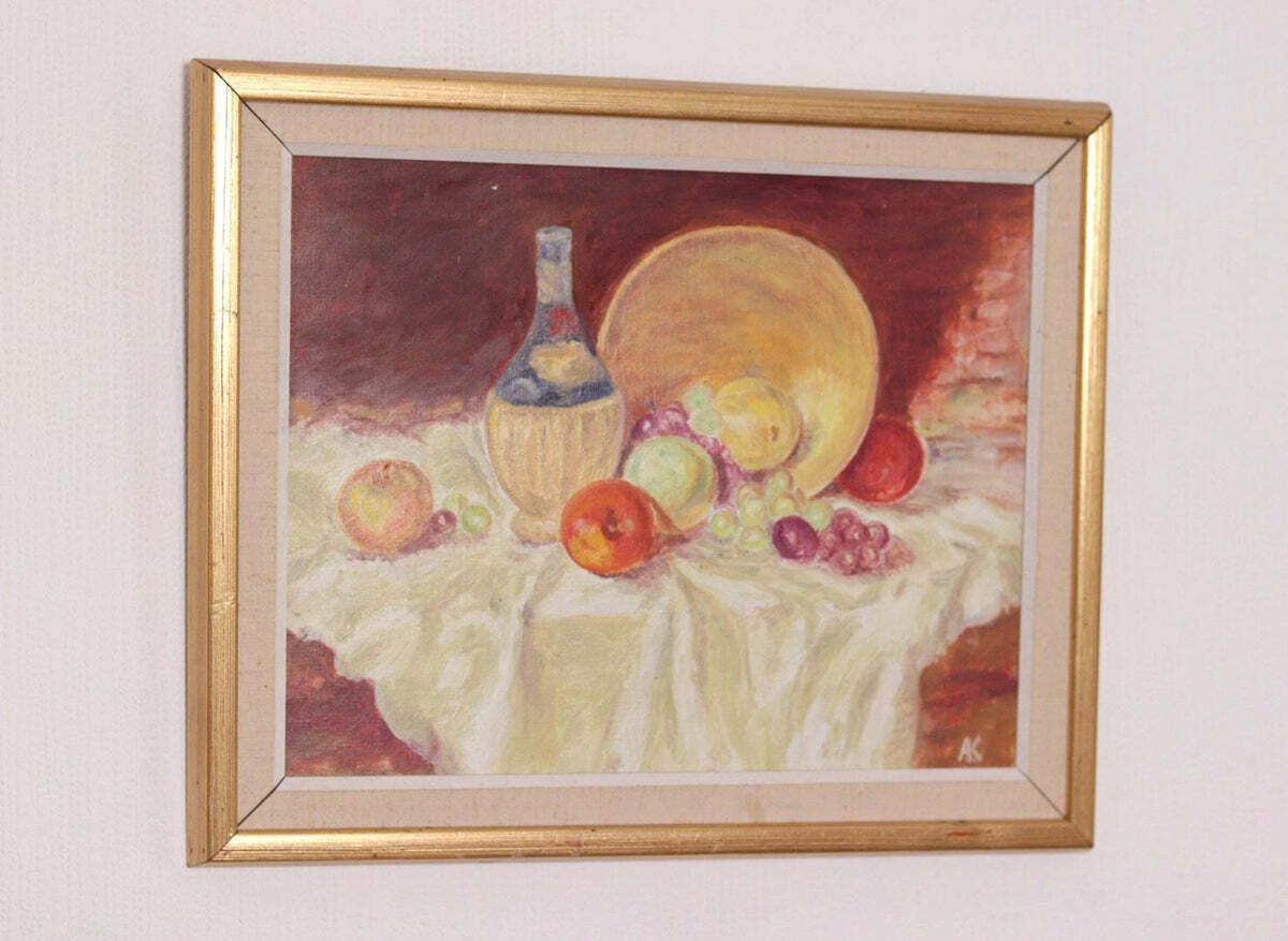 Original Swedish Oil On Canvas – “Still Life With Fruit And Bottle” By A.K. – Vintage & Framed – 40 × 48 Cm (15.7" × 18.9") photo 275.0