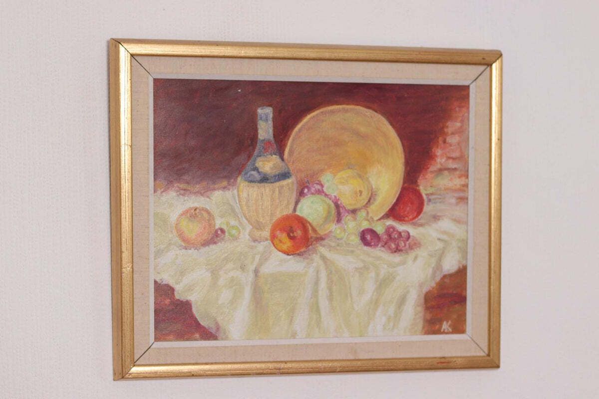 Original Swedish Oil On Canvas – “Still Life With Fruit And Bottle” By A.K. – Vintage & Framed – 40 × 48 Cm (15.7" × 18.9") photo vinterior