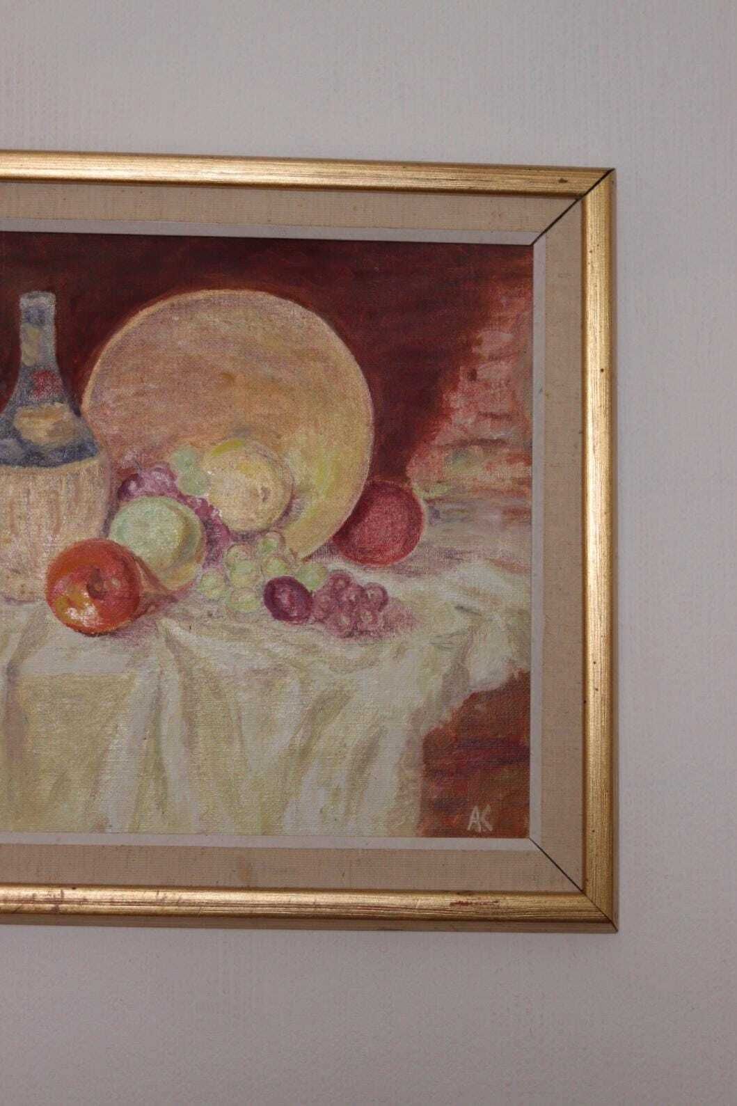 275.0 Original Swedish Oil On Canvas – “Still Life With Fruit And Bottle” By A.K. – Vintage & Framed – 40 × 48 Cm (15.7" × 18.9") photo