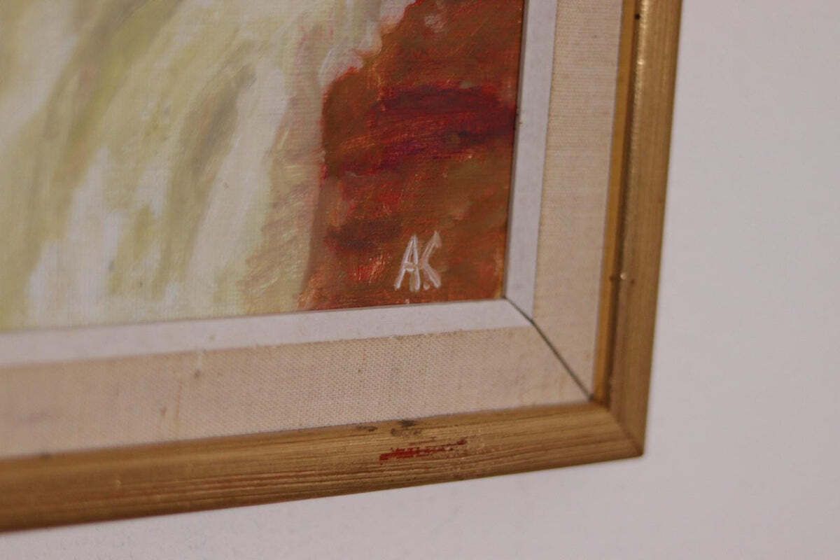 photo vinterior Original Swedish Oil On Canvas – “Still Life With Fruit And Bottle” By A.K. – Vintage & Framed – 40 × 48 Cm (15.7" × 18.9")