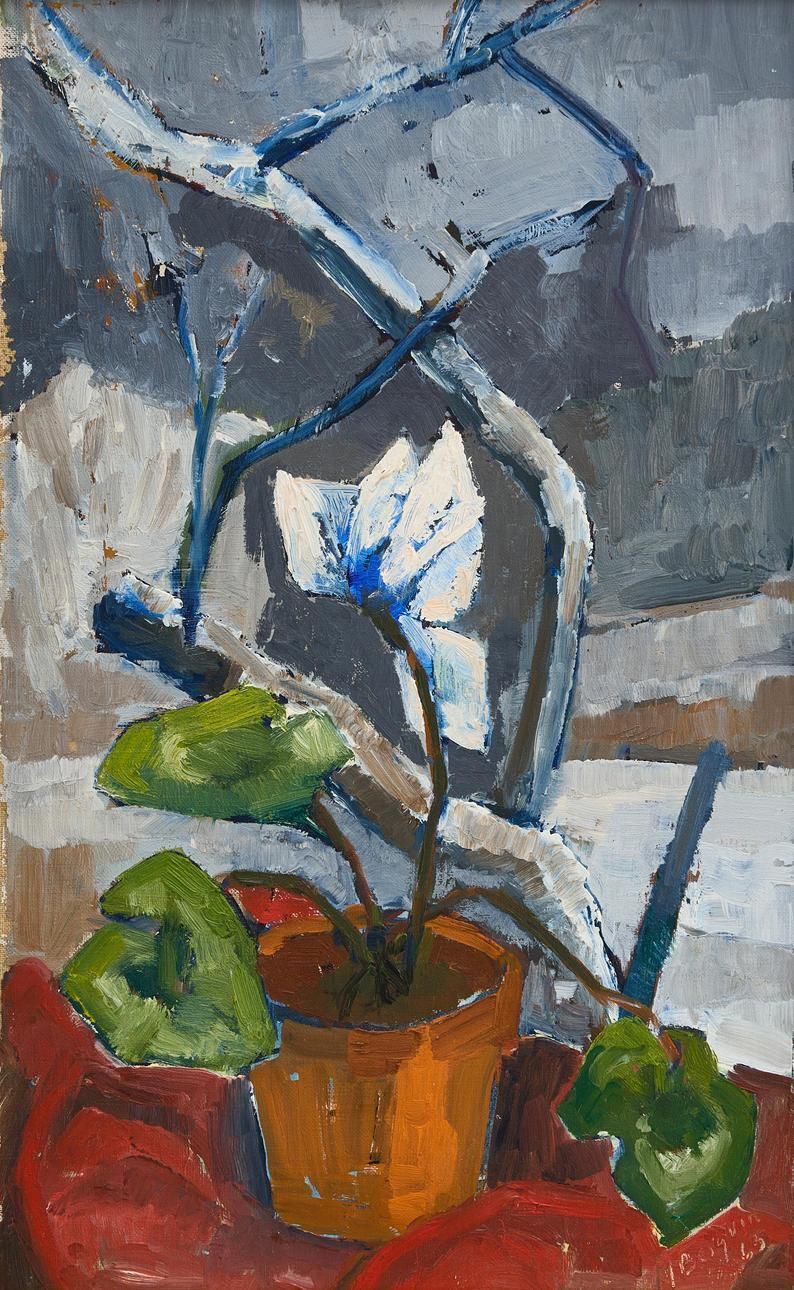 Original Swedish Oil On Canvas – “Winter Cyclamen” By Majken Bergvin (1922–2012) –1965 – Vintage & Framed – 62 × 43 Cm (24.4" × 16.9") photo furniture