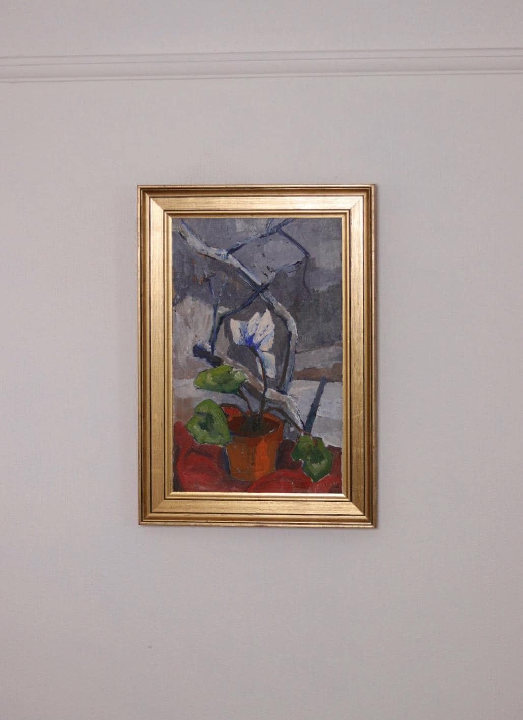 photo for sale Original Swedish Oil On Canvas – “Winter Cyclamen” By Majken Bergvin (1922–2012) –1965 – Vintage & Framed – 62 × 43 Cm (24.4" × 16.9")