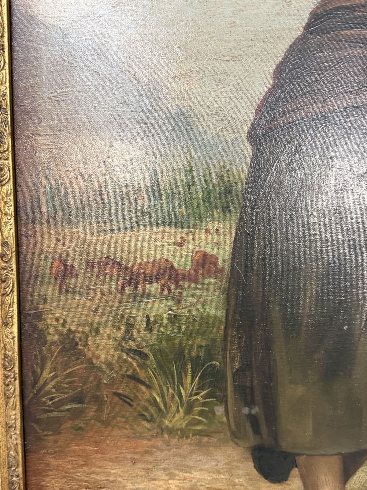 Large Gilt Framed Oil On Canvas Of A Girl In Countryside With Heavy Gilt Frame photo Art