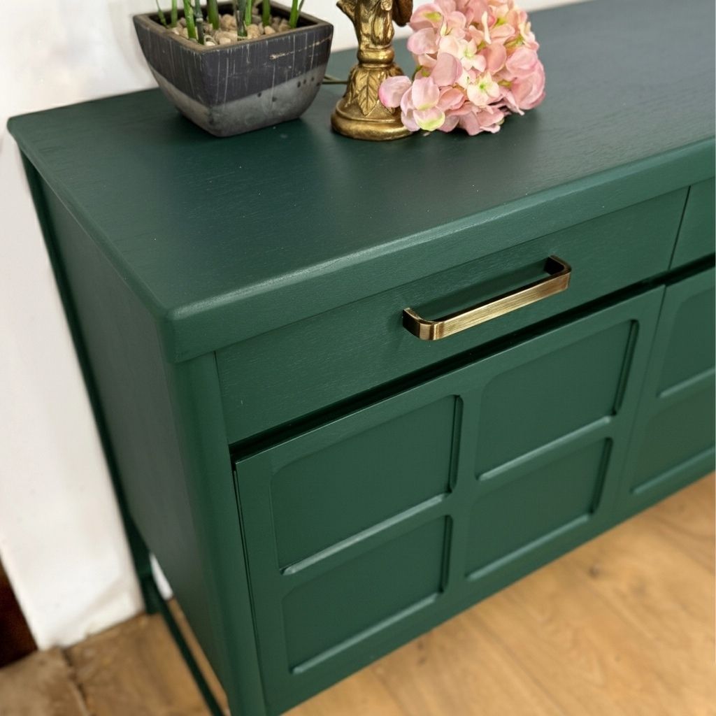 Painted To Order Large Refinished Nathan Sideboard With Drinks Section, Deep Green, Mid Century Modern photo furniture