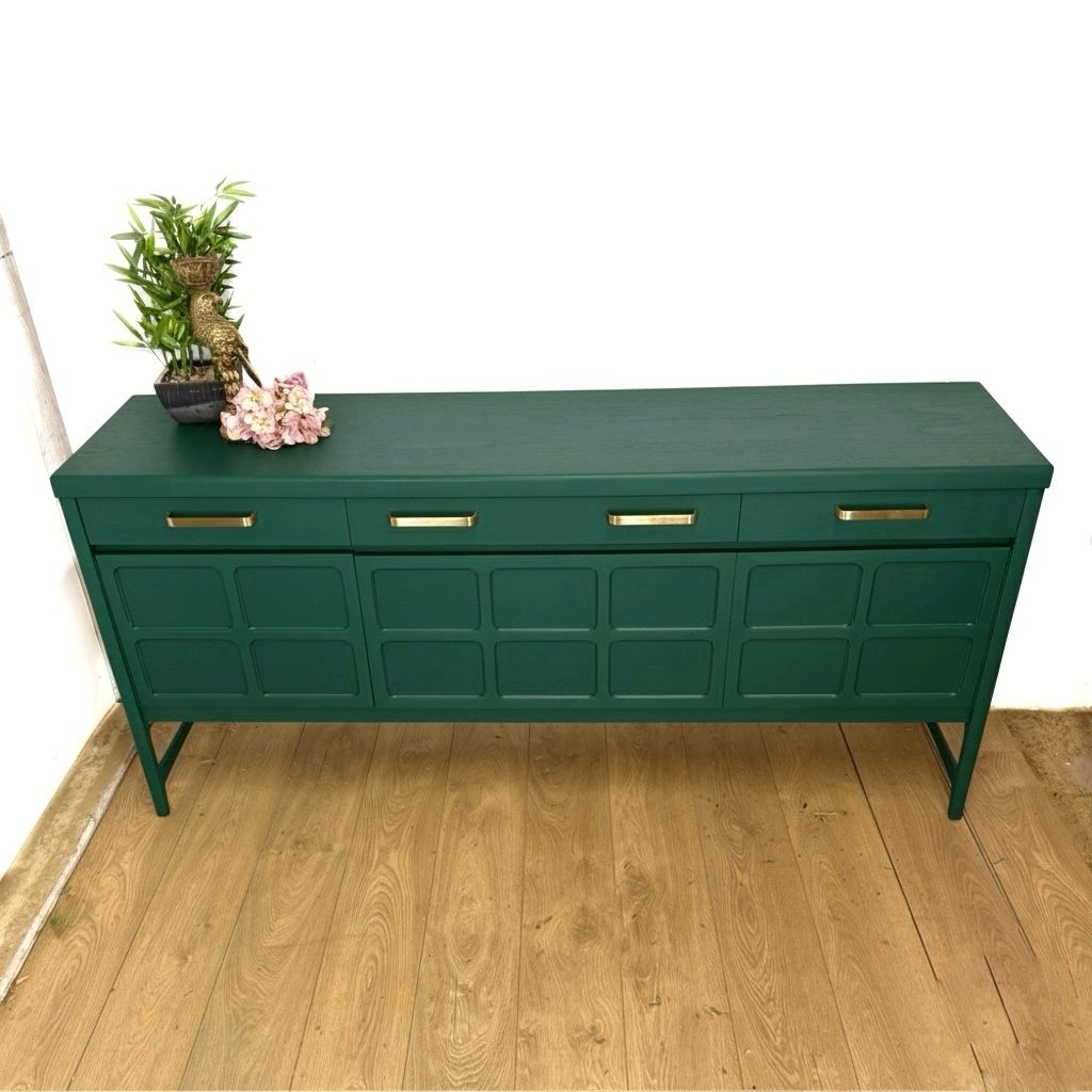 Painted To Order Large Refinished Nathan Sideboard With Drinks Section, Deep Green, Mid Century Modern photo for sale