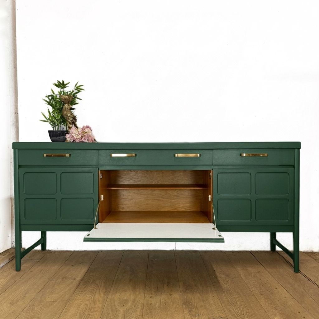 Painted To Order Large Refinished Nathan Sideboard With Drinks Section, Deep Green, Mid Century Modern photo vinterior