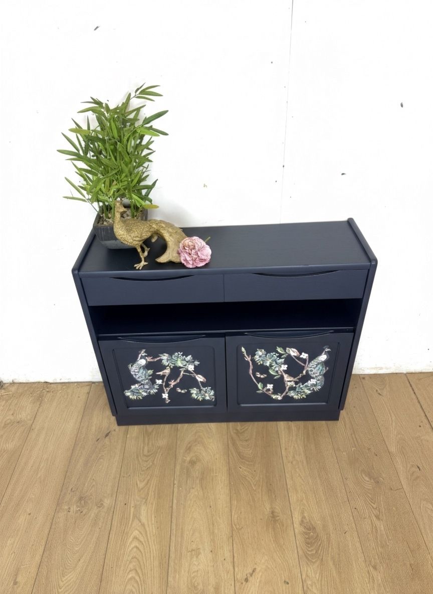 Rare Refinished Slimline Nathan Sideboard In Navy Blue With Floral Bird / Peacock Design, Narrow photo furniture