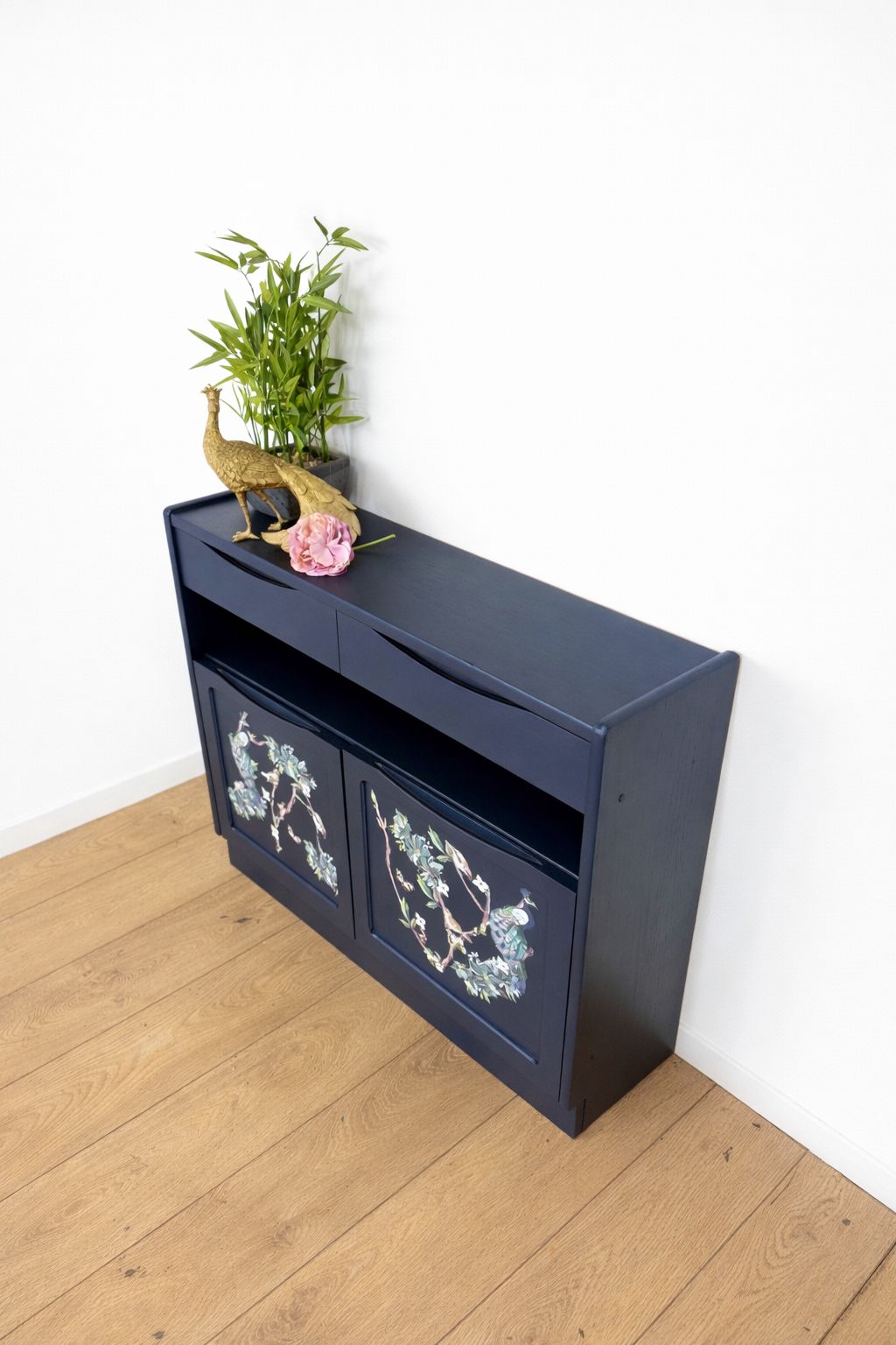 Rare Refinished Slimline Nathan Sideboard In Navy Blue With Floral Bird / Peacock Design, Narrow photo 625.0
