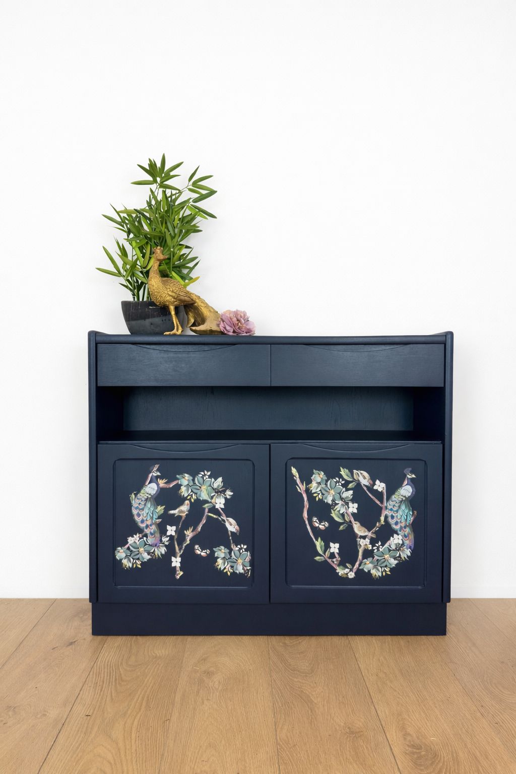 Rare Refinished Slimline Nathan Sideboard In Navy Blue With Floral Bird / Peacock Design, Narrow