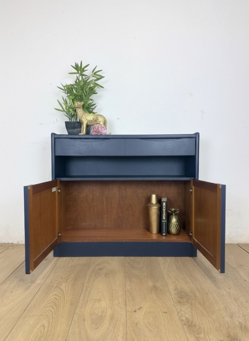 Rare Refinished Slimline Nathan Sideboard In Navy Blue With Floral Bird / Peacock Design, Narrow photo buy