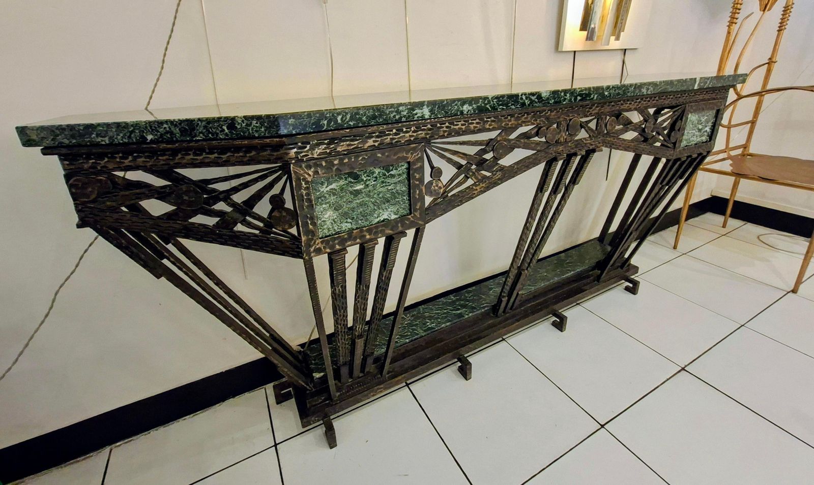 Art Déco Console In Wrought Iron And Green Campan Marble Top photo Furniture