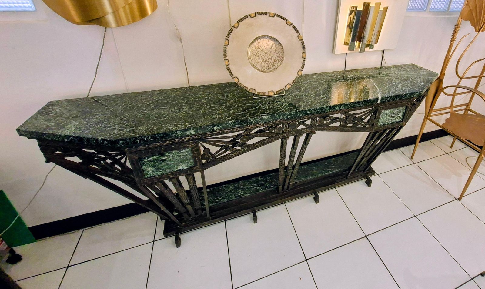 Art Déco Console In Wrought Iron And Green Campan Marble Top photo vinterior