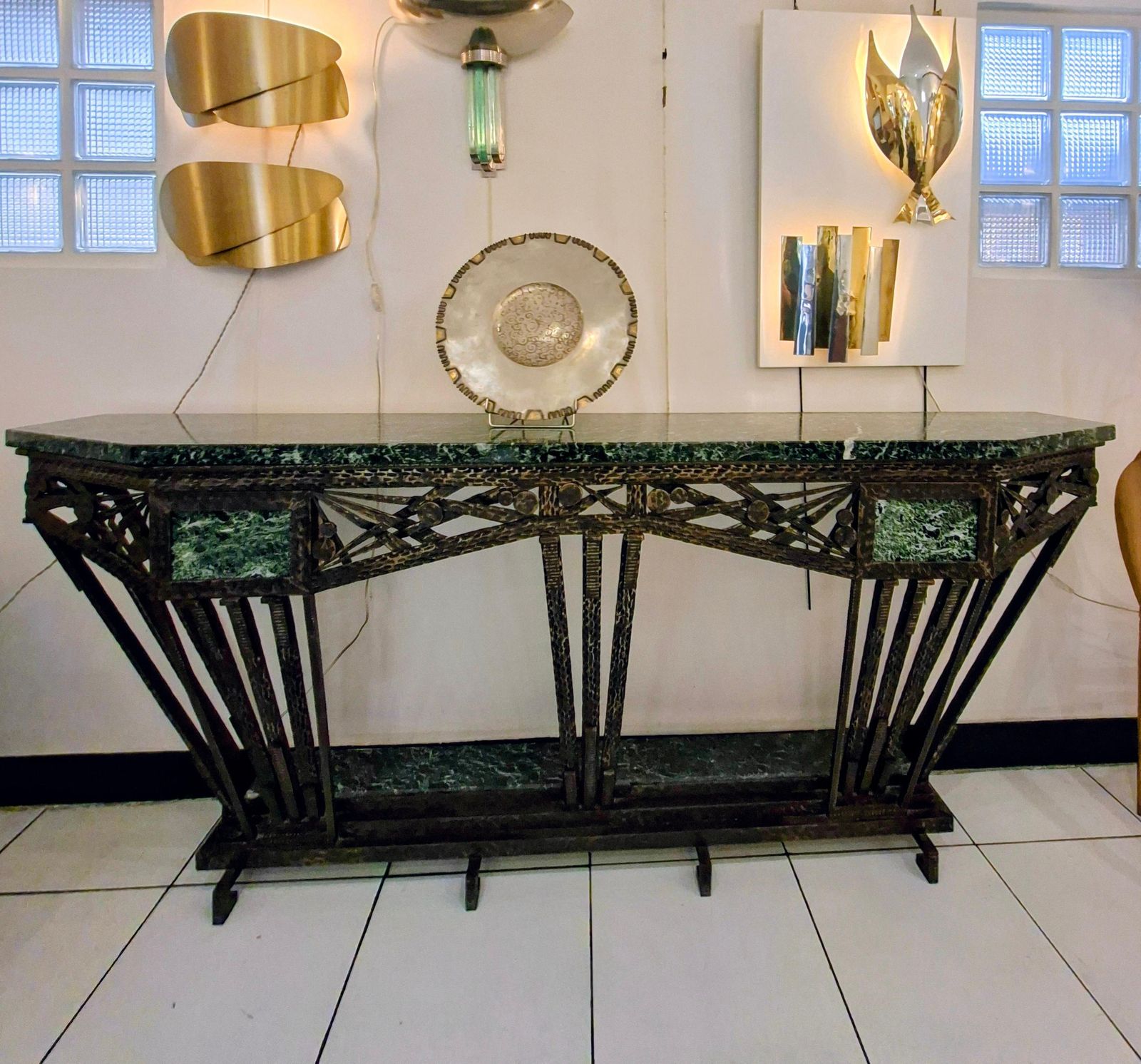 Art Déco Console In Wrought Iron And Green Campan Marble Top photo vintage