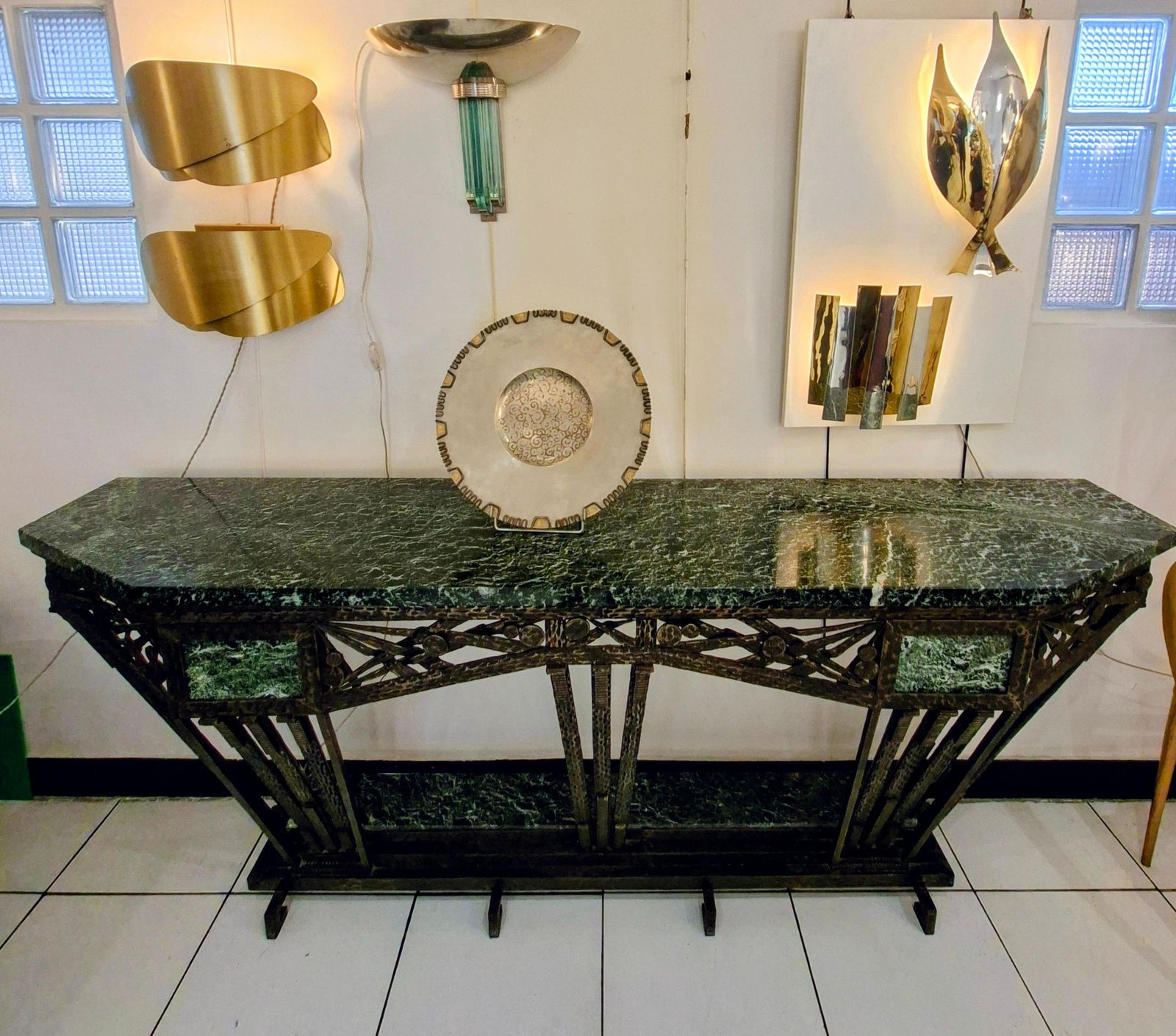 photo for sale Art Déco Console In Wrought Iron And Green Campan Marble Top