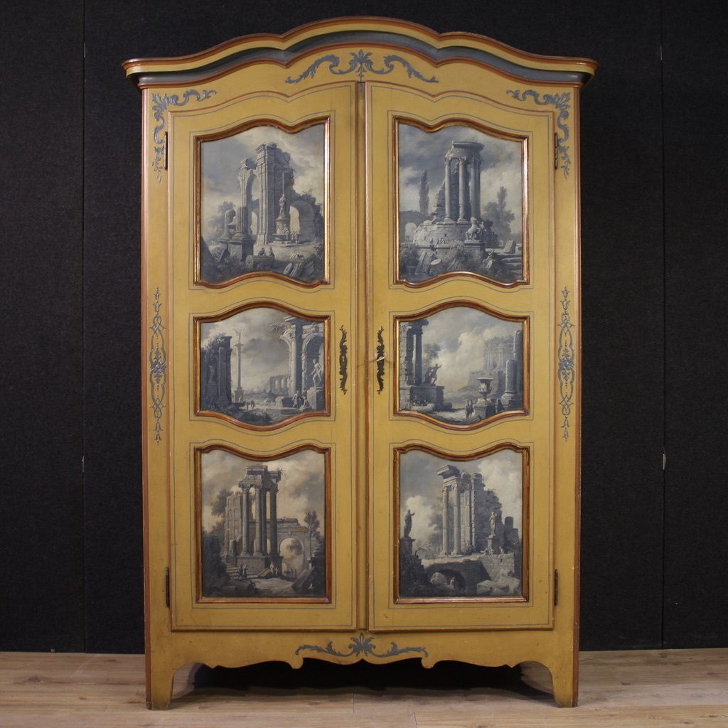 Furniture Small Lacquered, Gilded And Painted Piedmontese Wardrobe From The 20th Century photo
