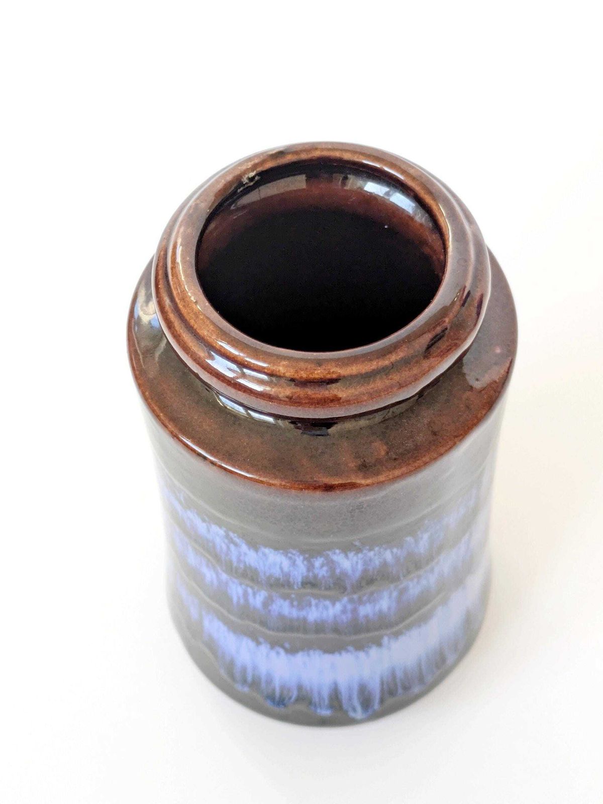 Midcentury Scheurich 249/21, West Germany Tall Ceramic Vase, Chocolate Brown Blue Drip Glaze photo vintage