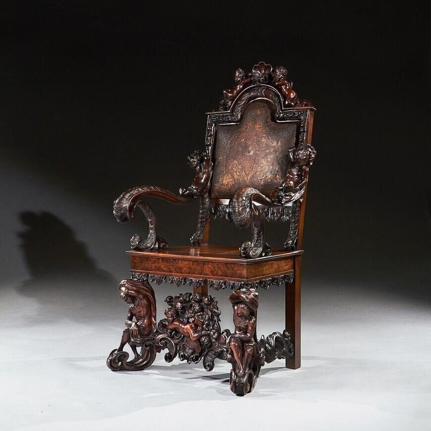 An Exhibition Quality Italian 19th Century Carved Walnut Armchair After Andrea Brustolon