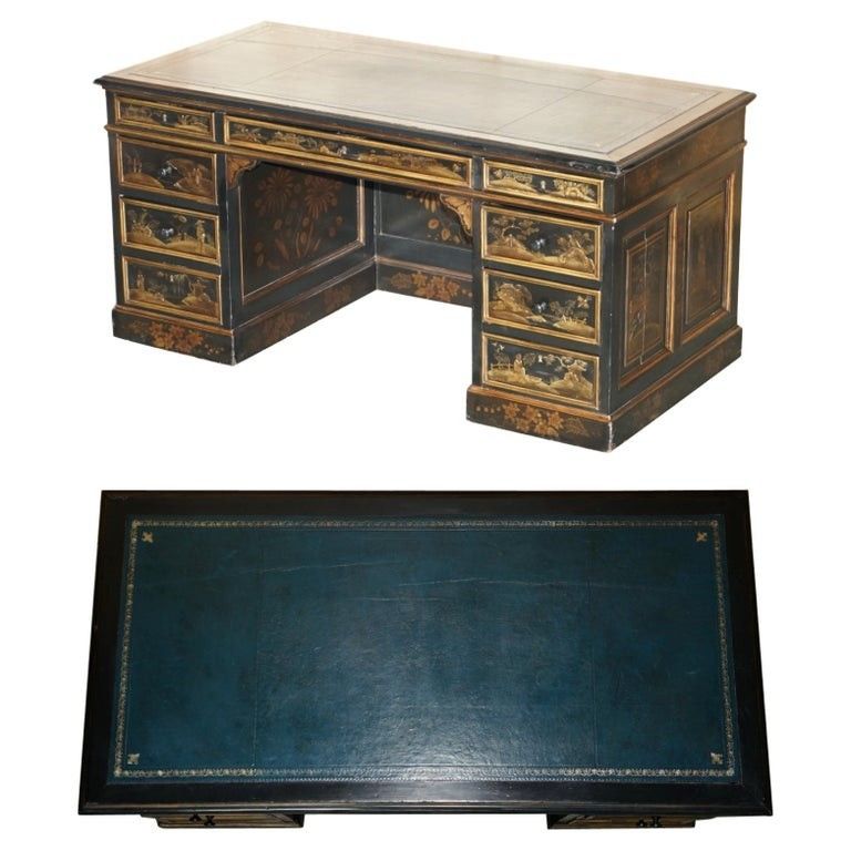 Antique 19th Century Chinese Chinoiserie Kneehole Desk Napoleonic Blue Leather