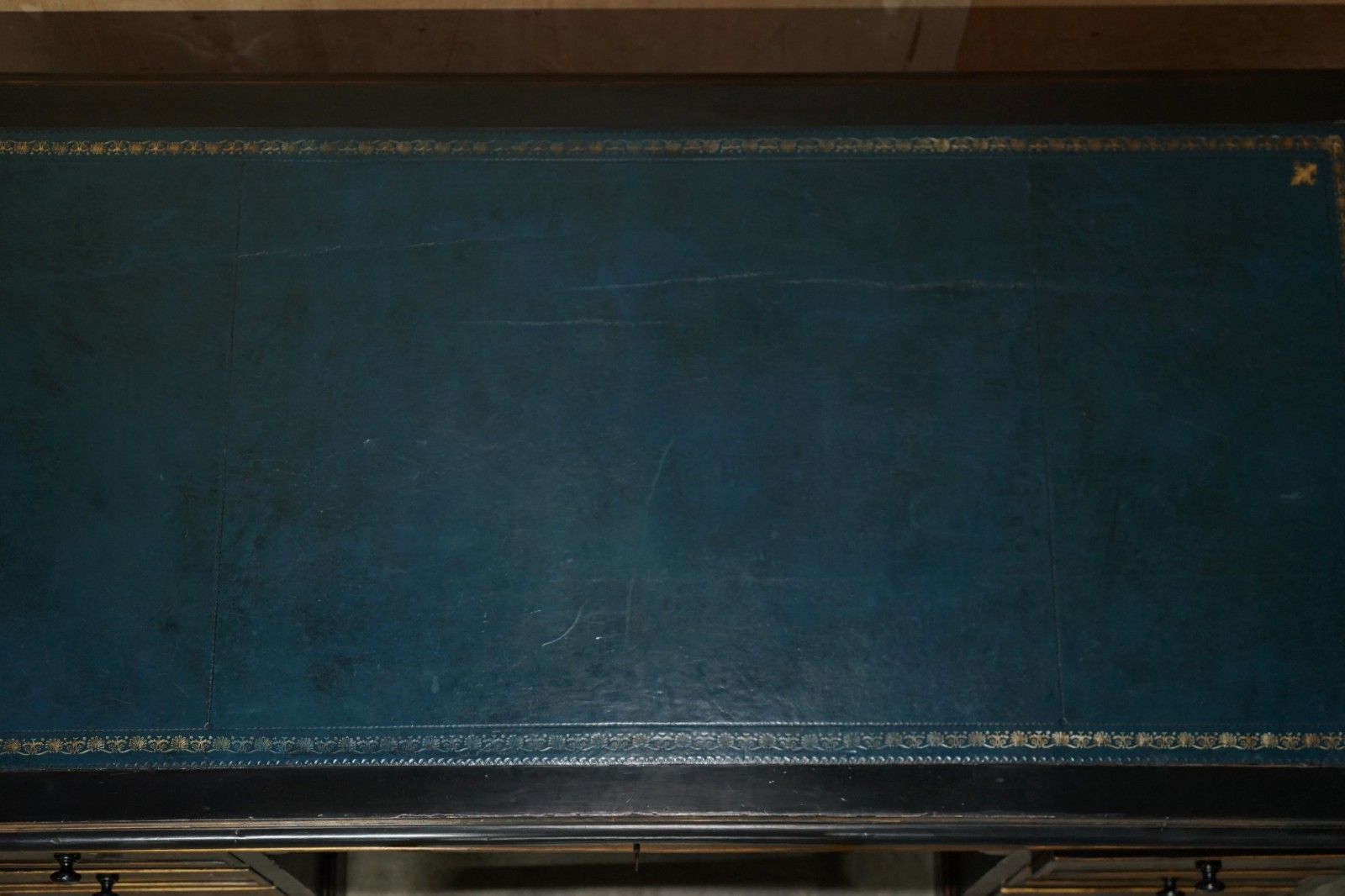photo buy Antique 19th Century Chinese Chinoiserie Kneehole Desk Napoleonic Blue Leather