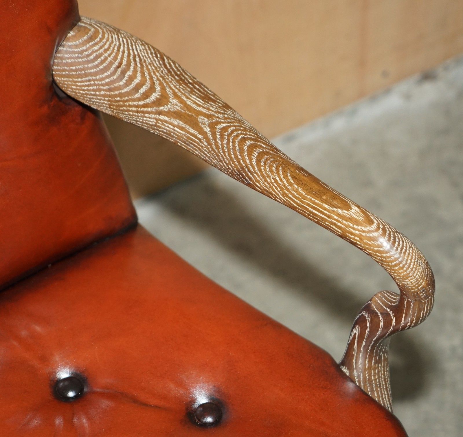 photo furniture Ten Restored Shepherds Crook Limed Oak Brown Leather Chesterfield Dining Chairs