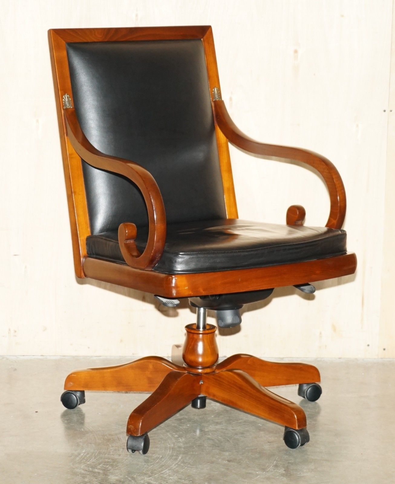 Harrods London Purchased Black Leather Cherry Wood Grange Paris Captain Chairs photo furniture