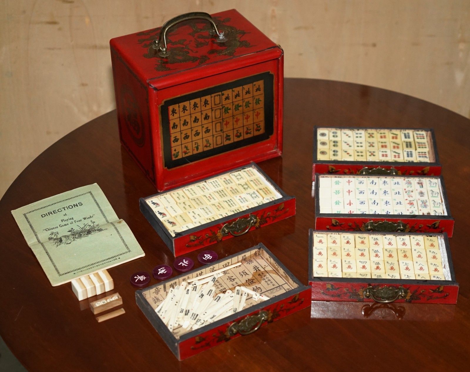 Antique Mahjong Suite Circa 1940's Chinese Chinoiserie Dragon Design Plus Dice photo furniture